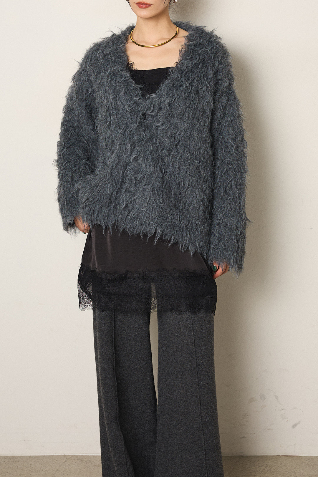 [SET]起毛シャギーニットカーディガン+レース切り替えキャミソール(2set)