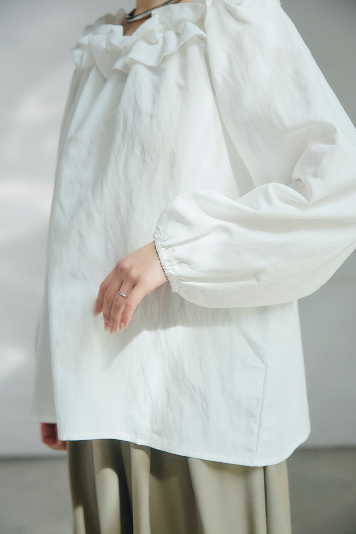 [SET]ネックフリルデザインブラウス+ベルト付きツータックワイドパンツ(2set)