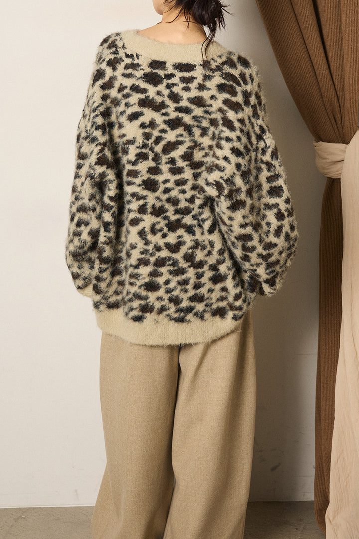 【即納】起毛Vネックレオパード柄ニットカーディガン