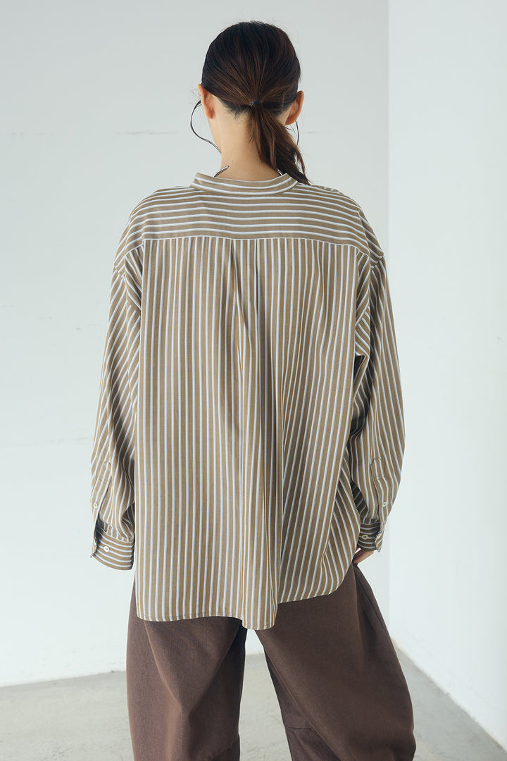 [SET]レーヨンストライプスカーフ+ツイル配色ステッチバレルパンツ+レーヨンストライプバンドカラー長袖シャツ(3set)