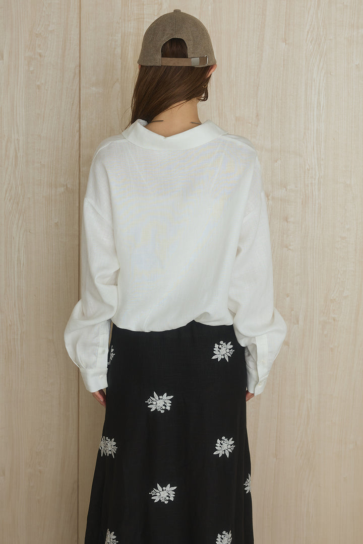 [SET]麻混襟付きトップス+レースコンビフラワー刺繍柄スカート(2set)