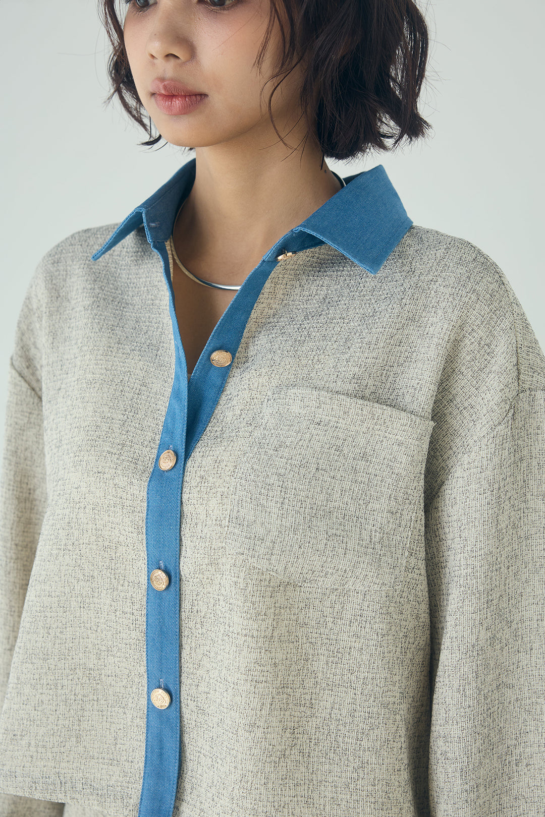 ツイード×デニムショート丈シャツ