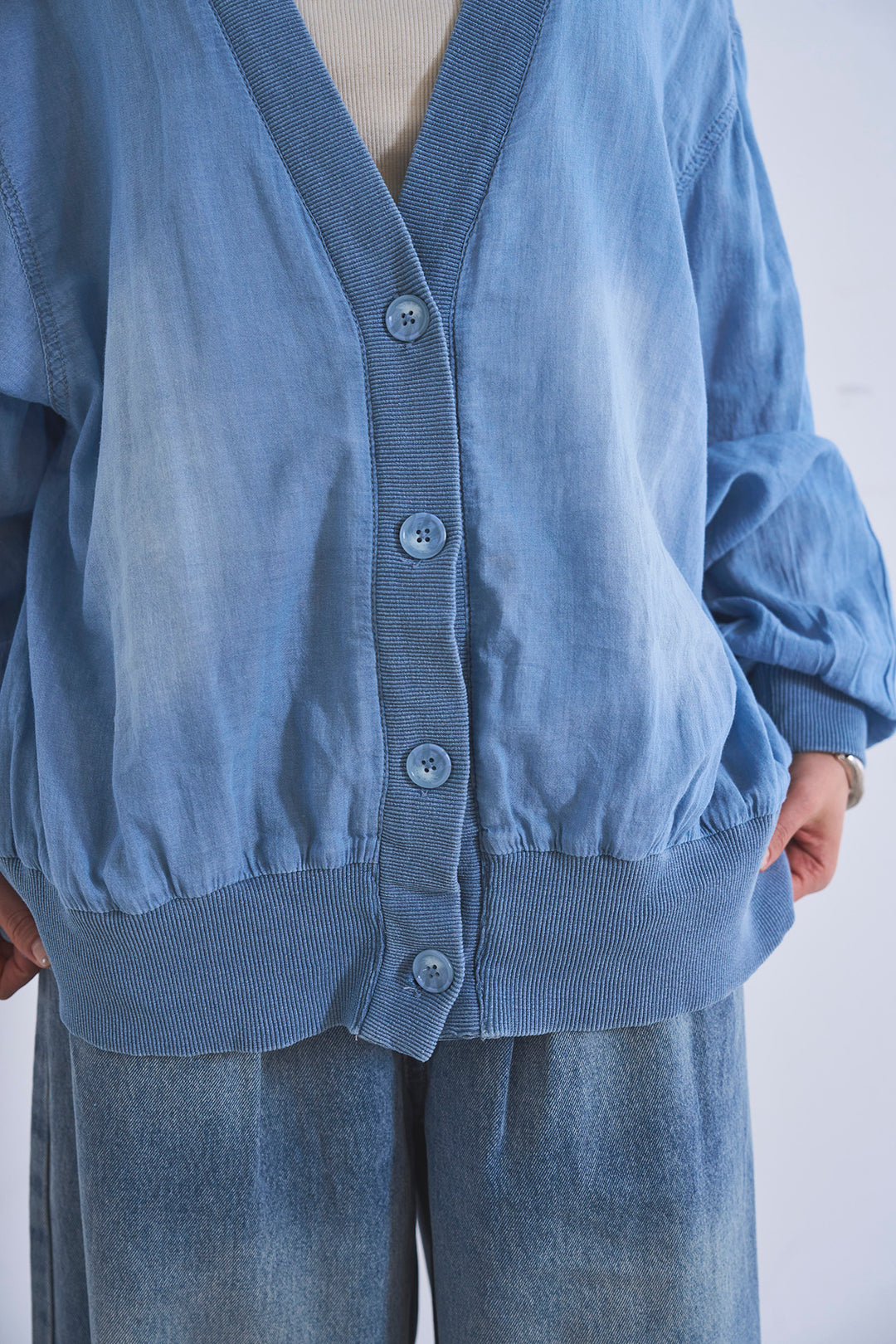 [SET]シアーデニムカーディガン+ベルトループワイドタックデニムパンツ(2set)