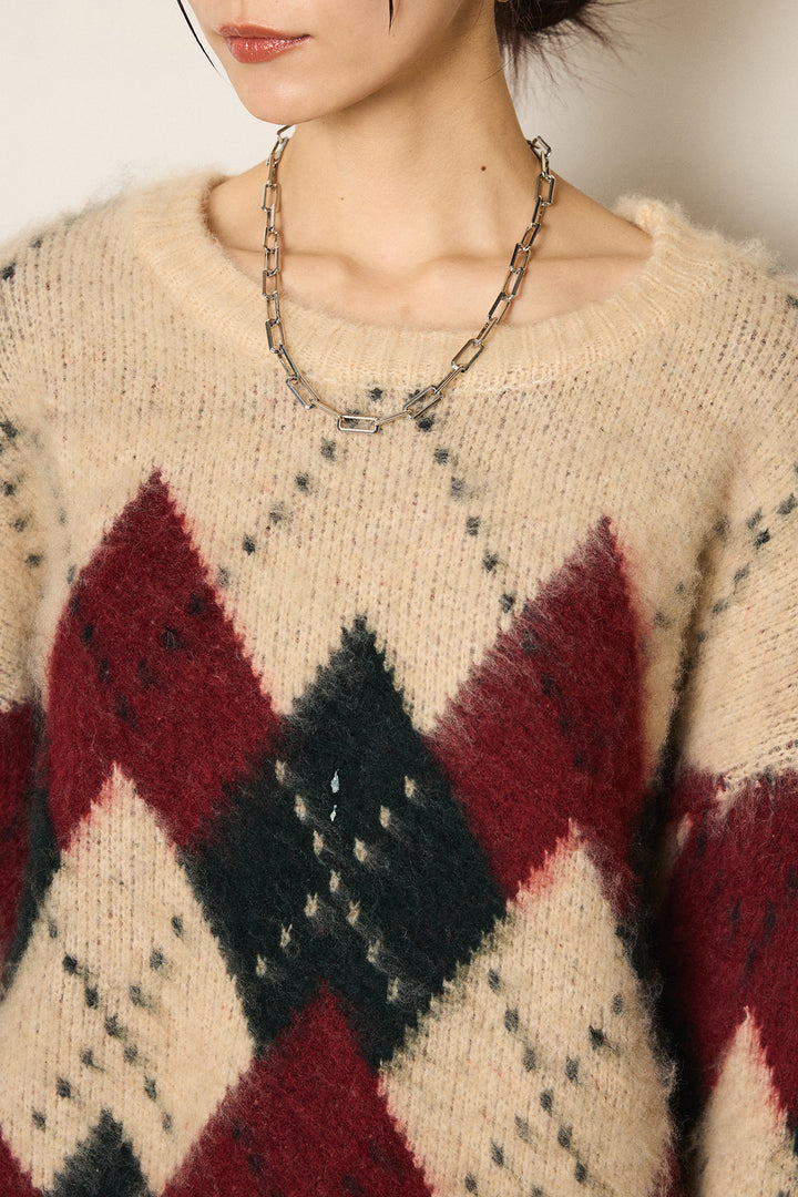 [SET]配色アーガイル柄ニットトップス+ベルト付きコーデュロイワイドパンツ(2set)