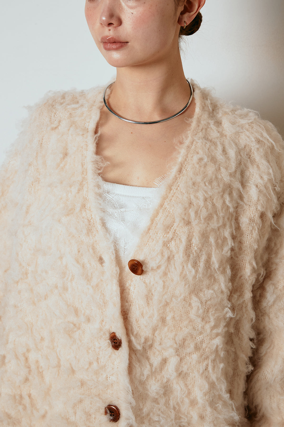 [SET]ルーズシャギーニットカーディガン+裏起毛スウェットワイドパンツ+レース切り替えキャミソール(3set)