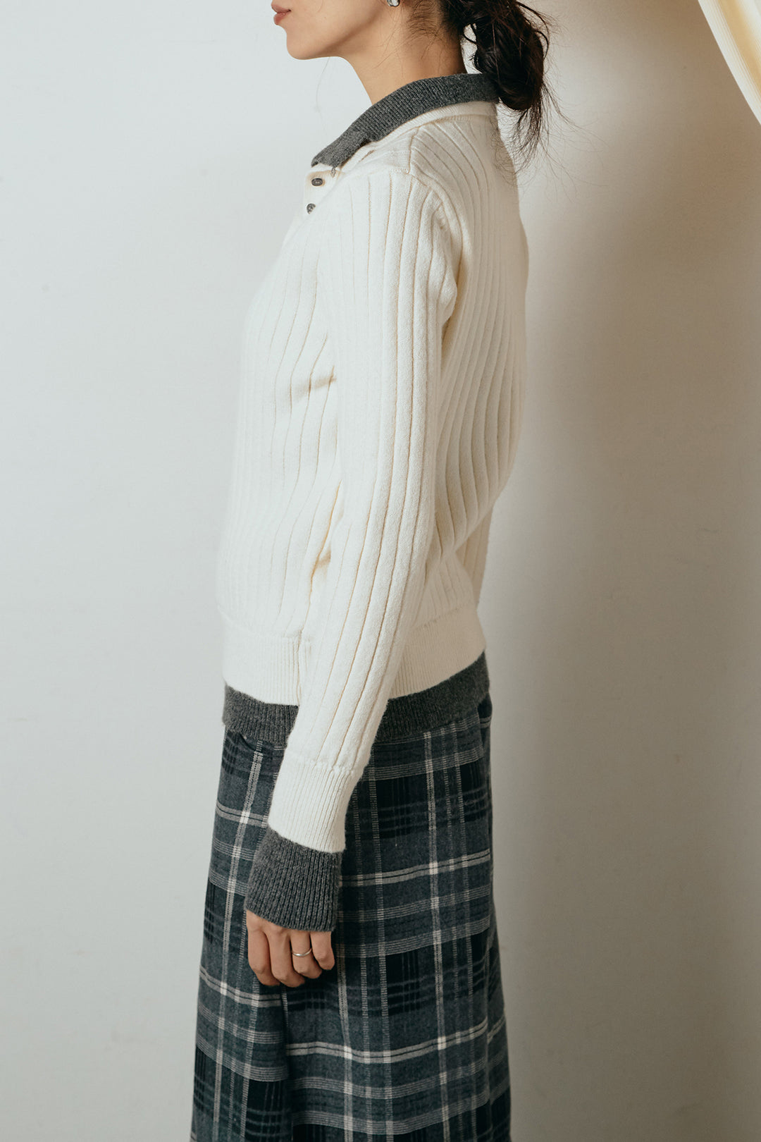 [SET]レイヤード風リブニットトップス+ベルト付きタータンチェックカーブワイドパンツ(2set)