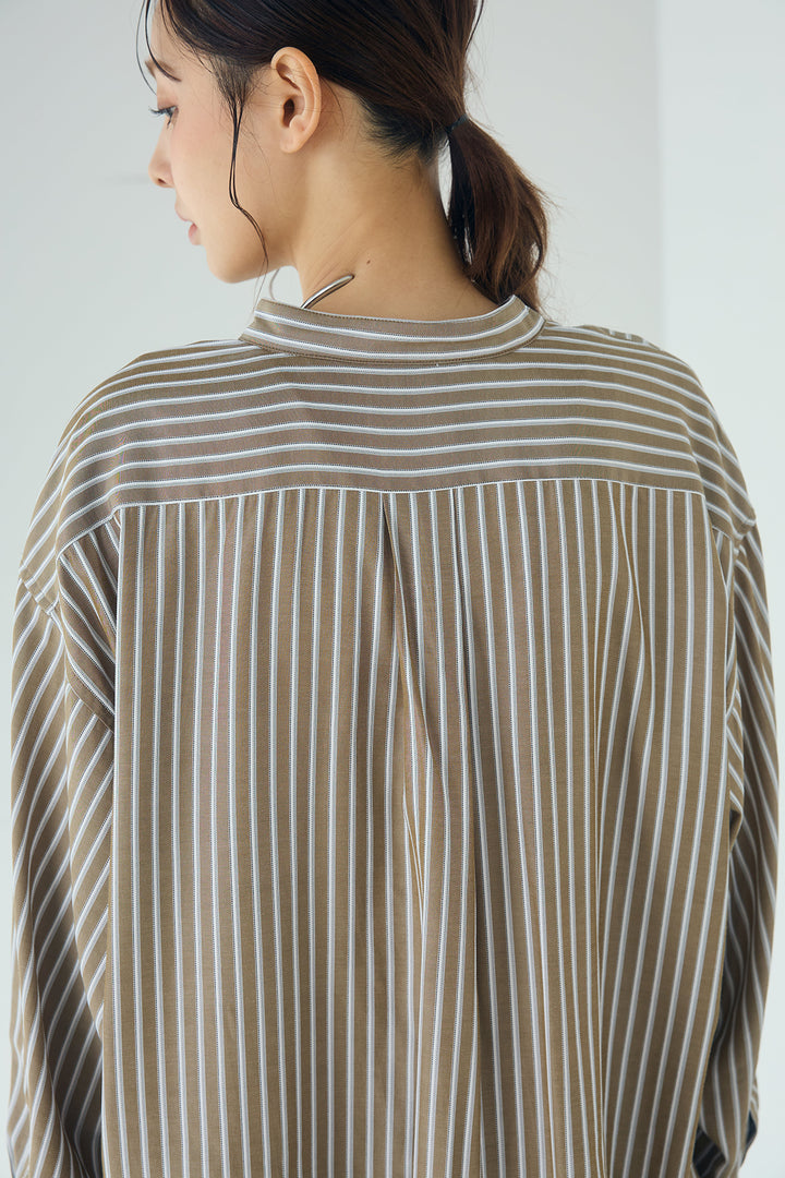 [SET]レーヨンストライプスカーフ+ツイル配色ステッチバレルパンツ+レーヨンストライプバンドカラー長袖シャツ(3set)