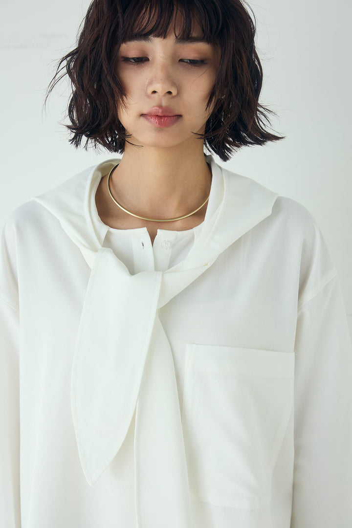 [SET]無地タイ付フーディーBIGシャツ+ランダムストライプタックギャザーパンツ(2set)