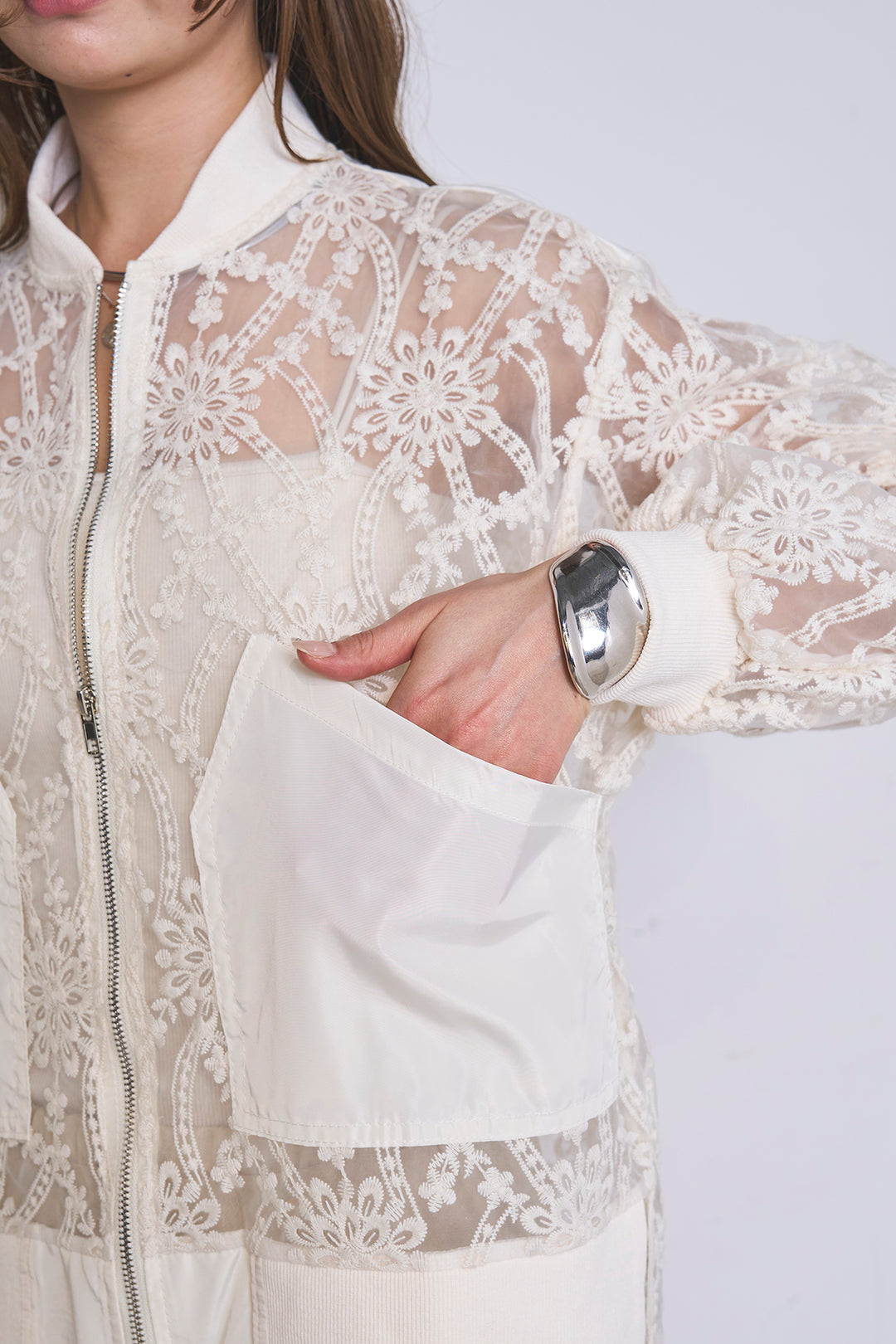 [SET]ノーカラーレースブルゾン+リネンブレンドロングナロースカート(2set)