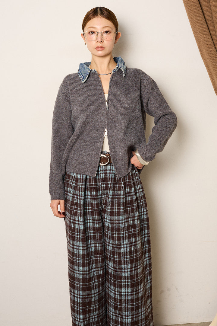 [SET]デニム襟ダブルジップニットトップス+ベルトループコーデュロイワイドパンツ(2set)