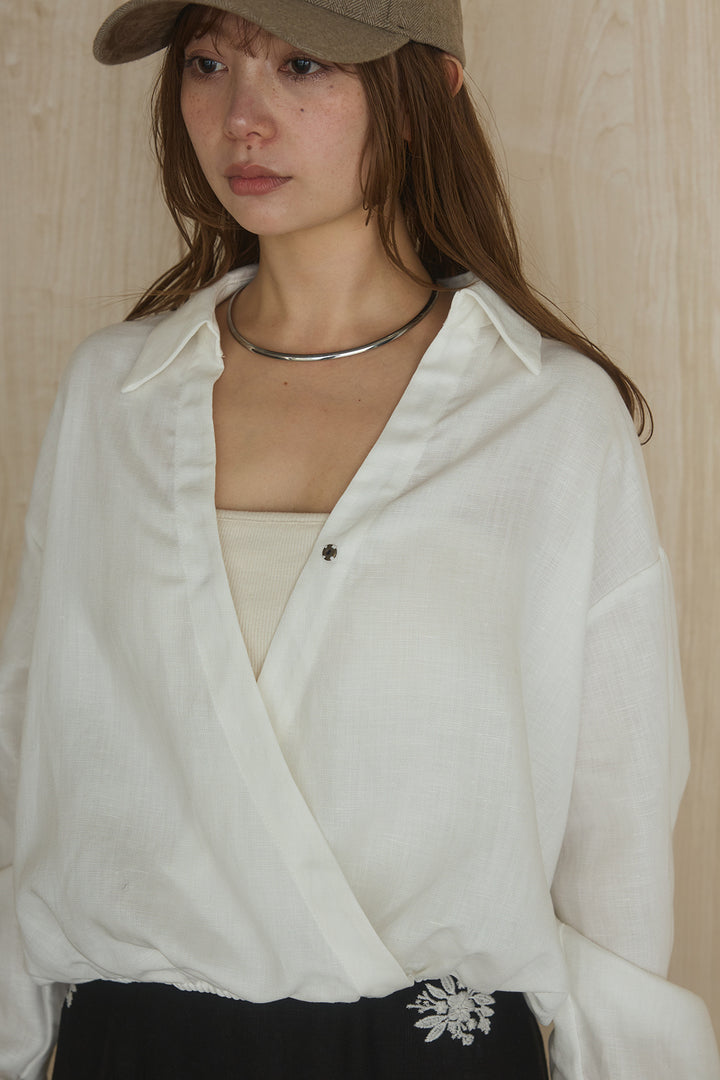 [SET]麻混襟付きトップス+レースコンビフラワー刺繍柄スカート(2set)