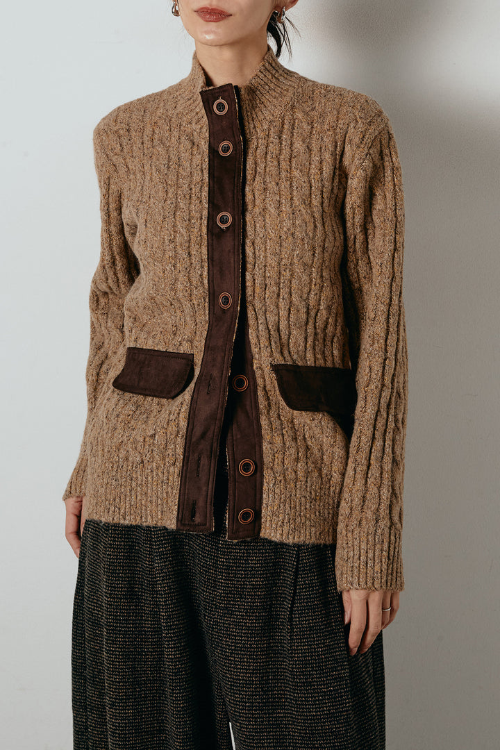 ボトルネックケーブルニットカーディガン