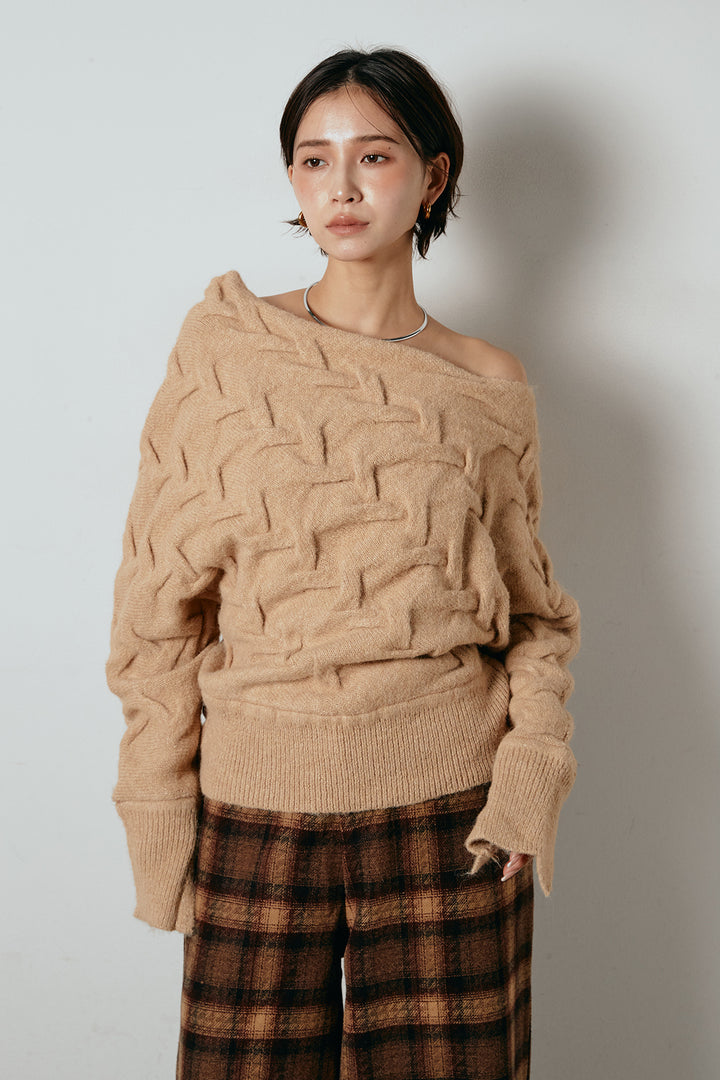 [SET]ボートネックニットトップス+ルーズタータンチェックワイドパンツ(2set)