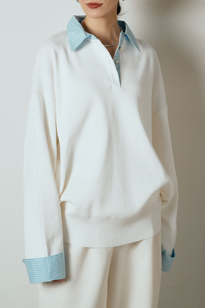 [SET]ストライプシャツドッキングポロトップス+ポーチベルト付きコーデュロイワイドスカート(2set)