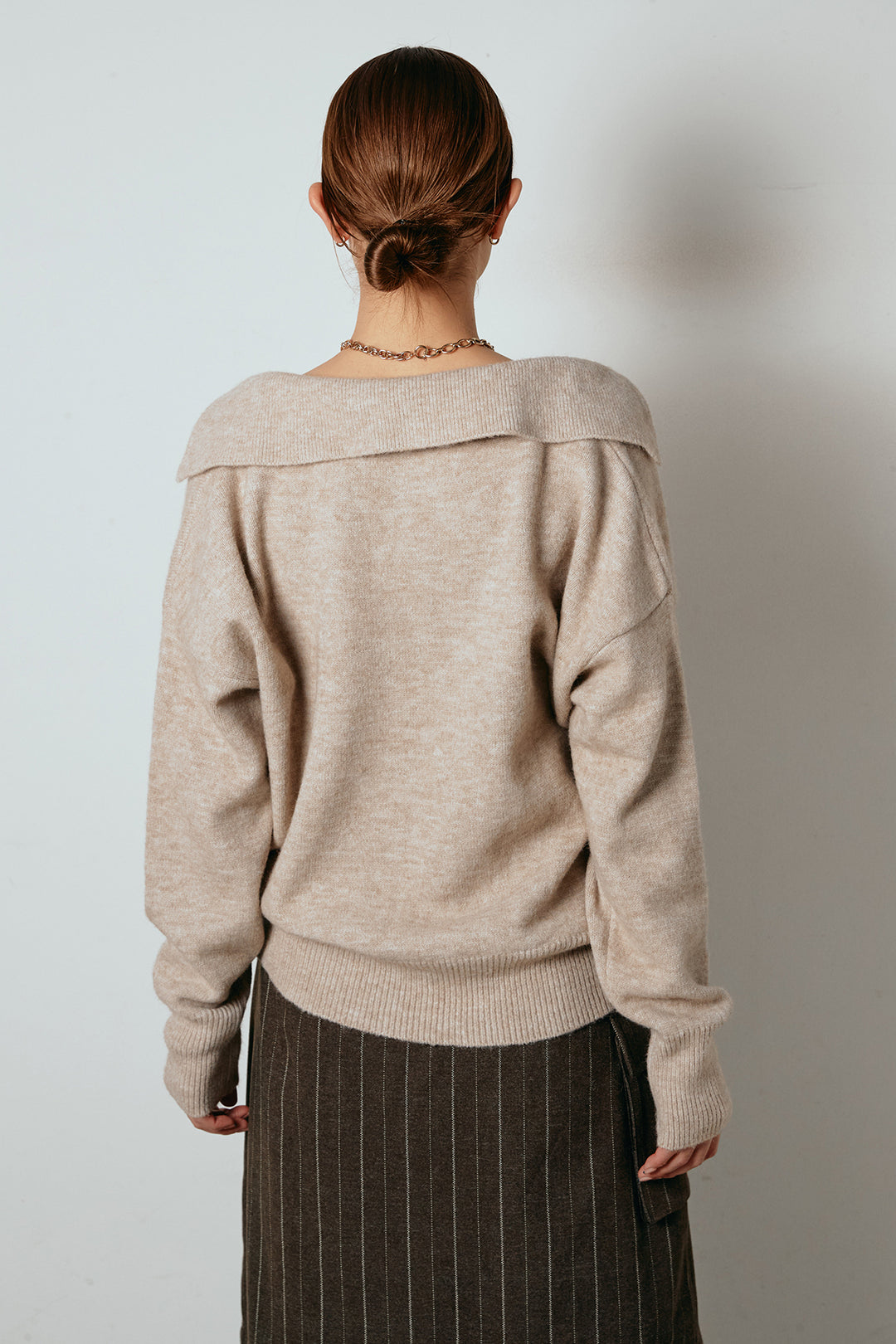 [SET]襟付きレイヤードニットトップス+細ストライプレイヤードデザインパンツ(2set)