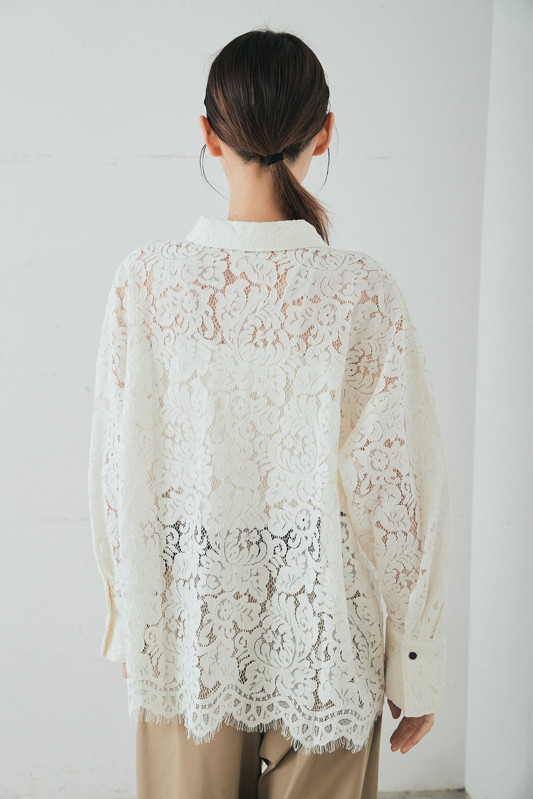 [SET]レース裾スカラップシャツ+ベルトループデザインハイウエストタックパンツ(2set)