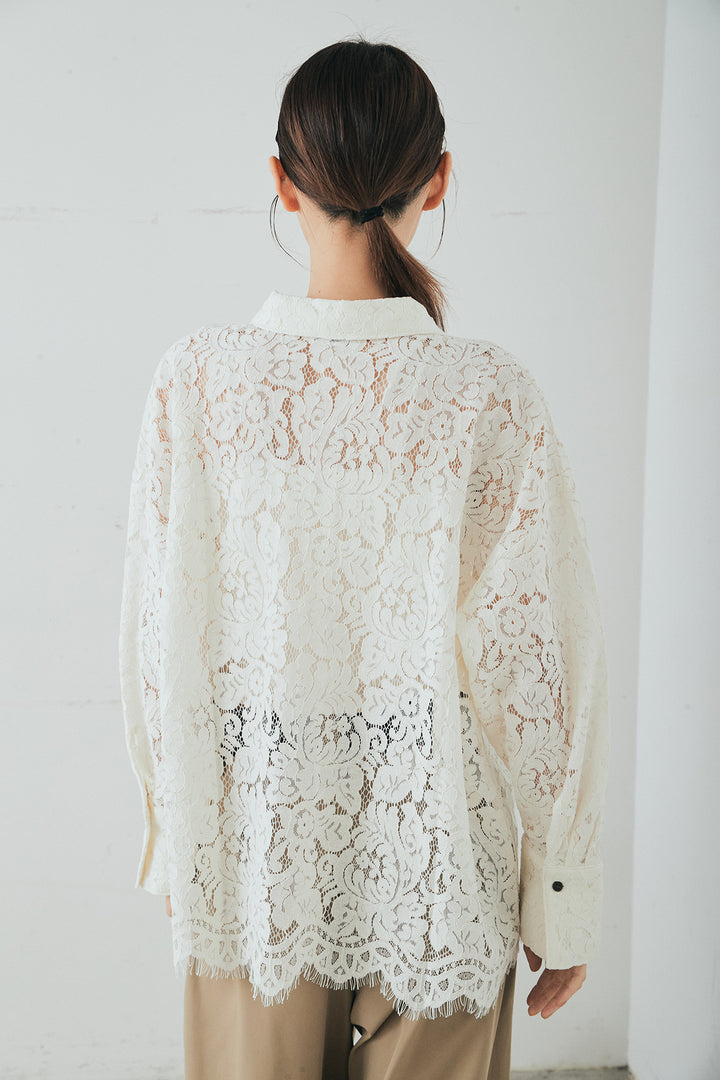 [SET]レース裾スカラップシャツ+ベルトループデザインハイウエストタックパンツ(2set)