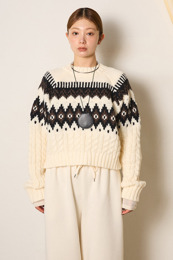 [SET]2WAY求心柄ジャガードショートカーディガン+ベルトループコーデュロイワイドパンツ(2set)