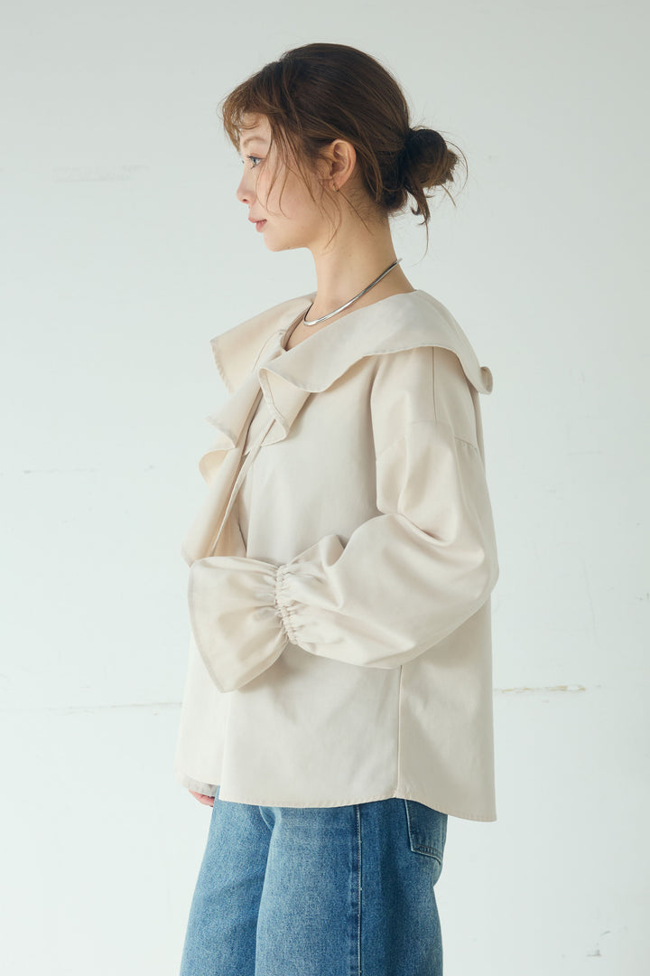 [SET]デニムフリルブラウス+デニムサロペットワイドパンツ(2set)