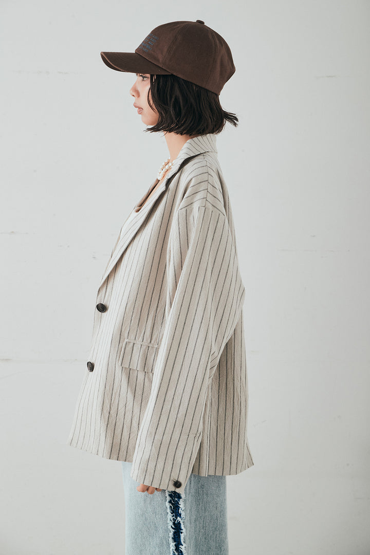 [SET]リネンライクストライプテーラードジャケット+デニムサイドフリルパンツ(2set)