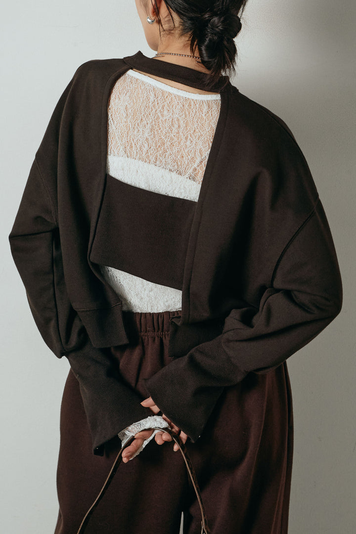 [SET]裏毛バックオープンプルオーバー+ストレッチレースクルーネックインナー+裏起毛スウェットワイドパンツ(3set)