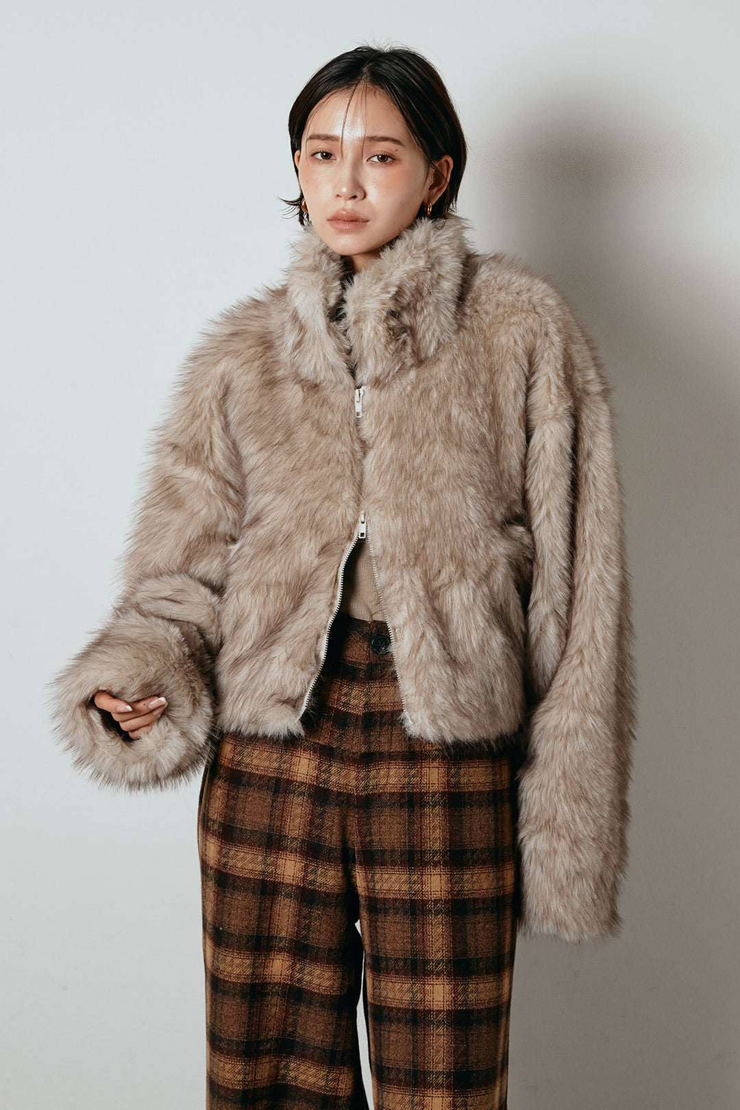 [SET]エコファーショート丈ブルゾン+シャギーチェックストレートスカート(2set)