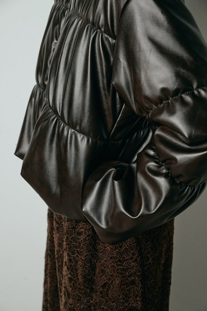 [SET]レザーライクWジップスタンドカラー中綿ブルゾン+総レース刺繍スカート(2set)