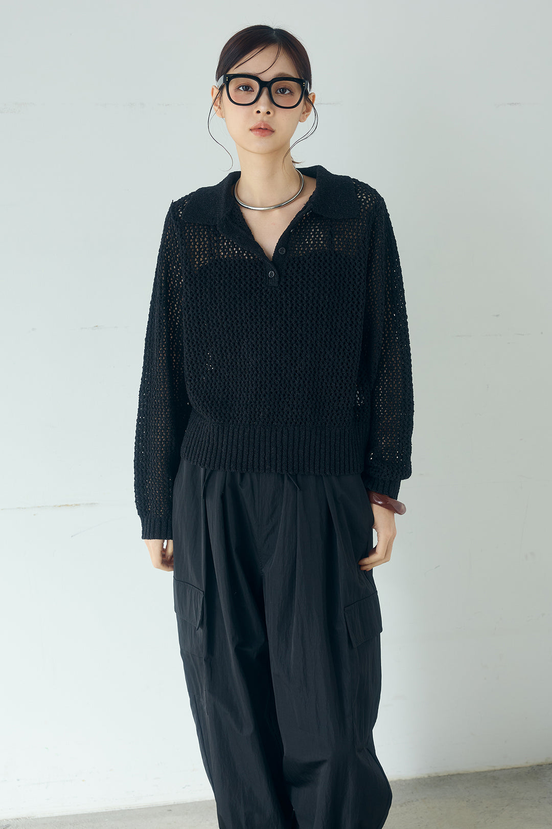 [SET]ミックスメッシュポロニット+麻混タックワイドパンツ(2set)