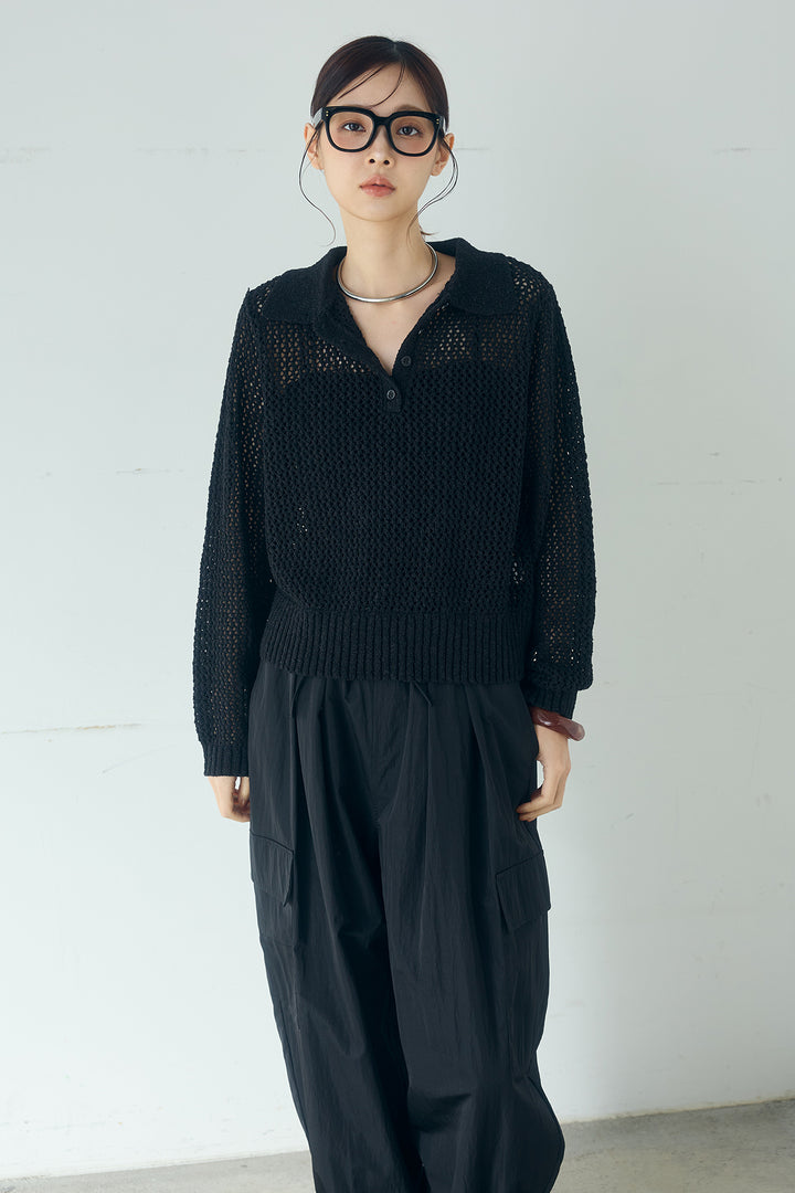 [SET]ミックスメッシュポロニット+麻混タックワイドパンツ(2set)