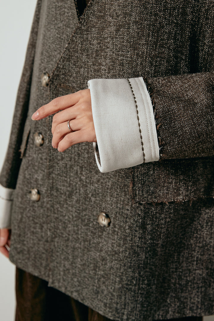 ノーカラーダブルボタンツイードジャケット