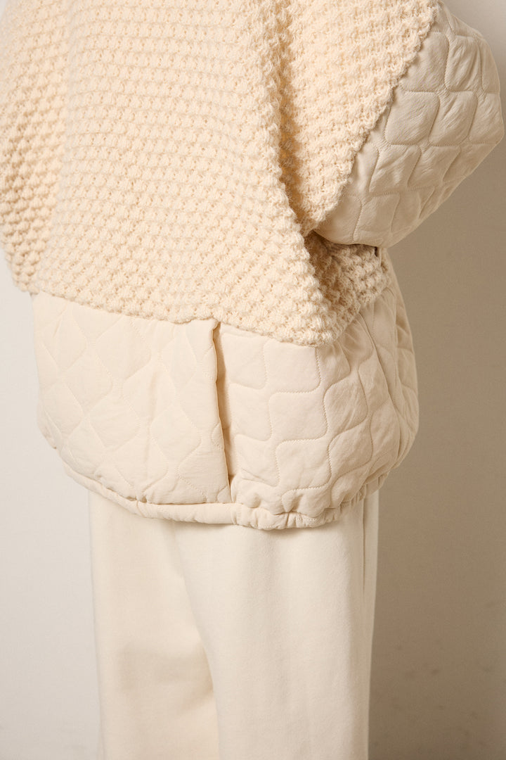 [SET]アラン編みニットノーカラー裾キルティングブルゾン+裏起毛スウェットワイドパンツ(2set)