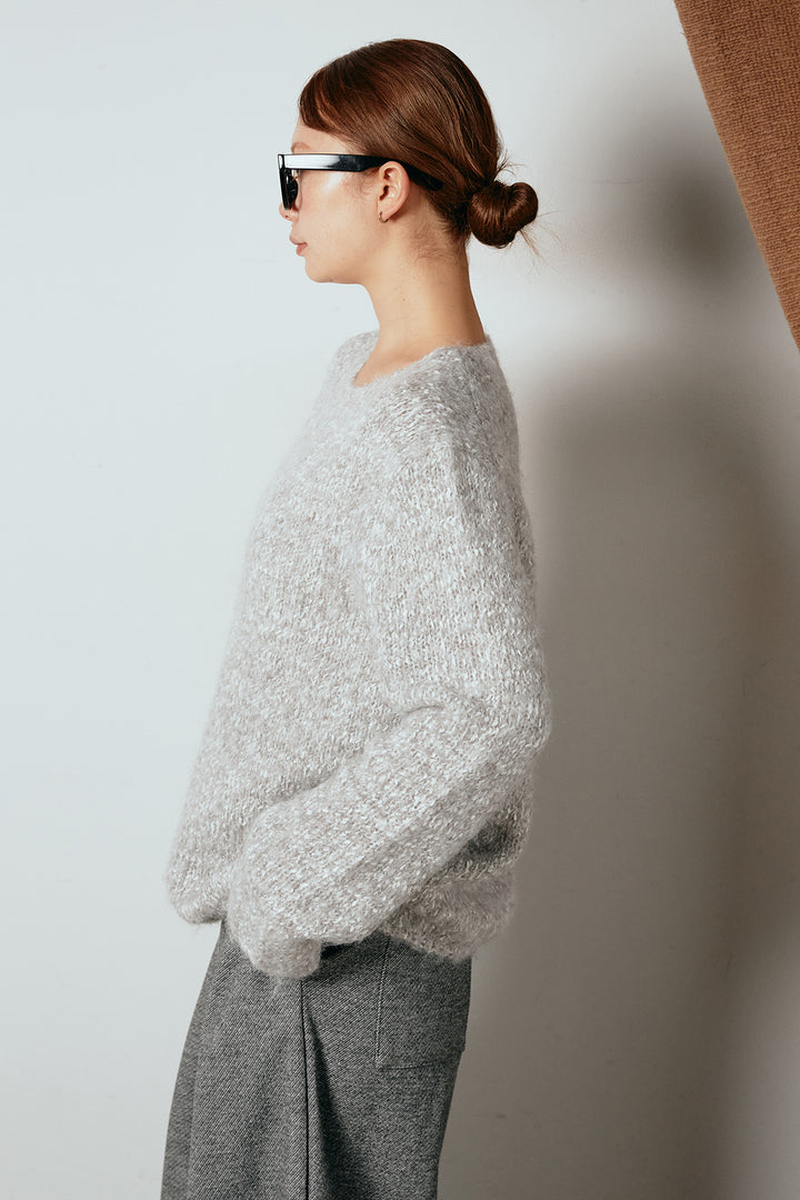 [SET]スカーフ付きミックスニットトップス+スウェードライク裾フリンジスカート(2set)