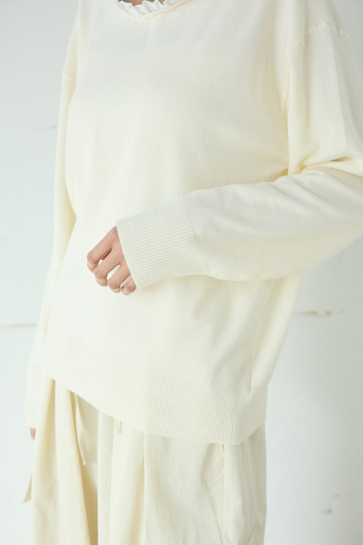 [SET]クールクール異素材コンビオフショルプルオーバー+ランダムタックデザインワイドパンツ(2set)