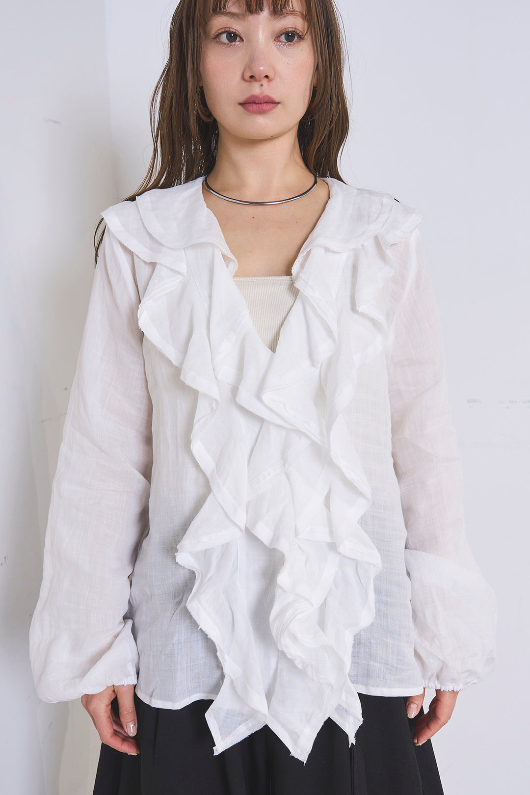 [SET]フリルボタンブラウス+紐ベルト付きカーブワイドパンツ(2set)