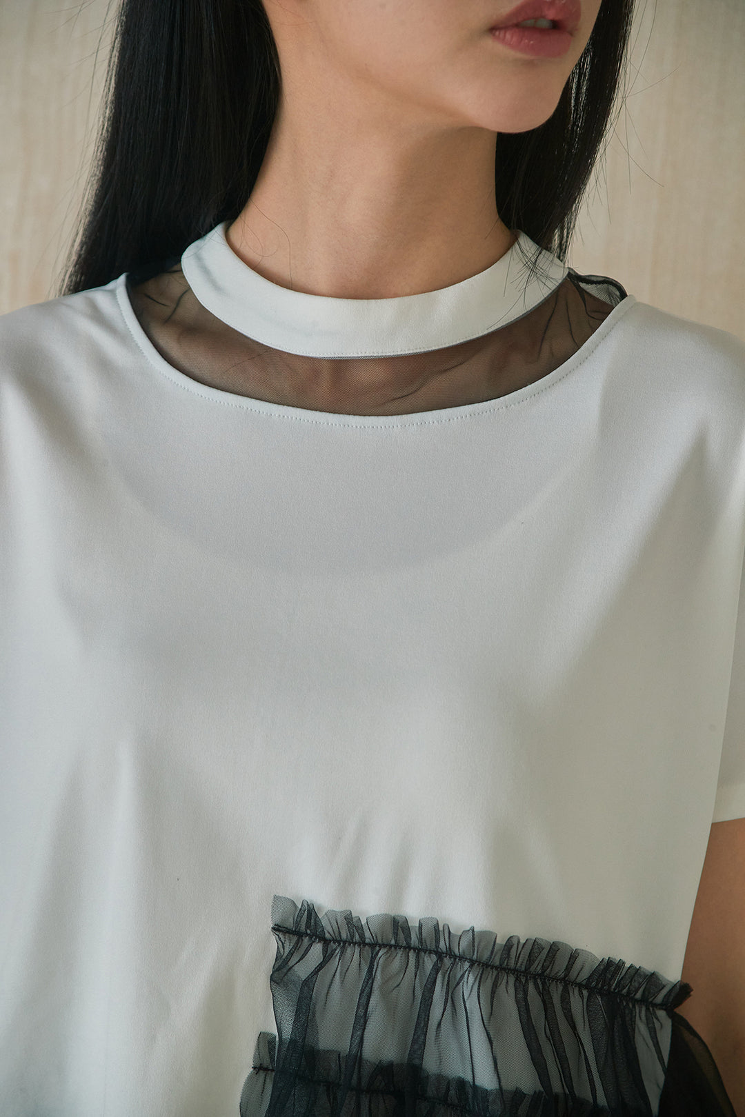 [SET]アシンメトリーチュールフリルTシャツ+デニムロングフレアスカート(2set)