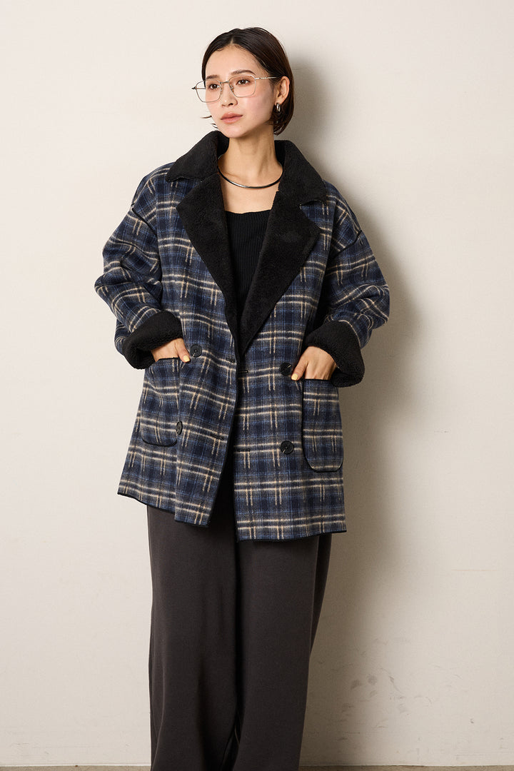 [SET]裏地ボアタータンチェック柄ミディアムコート+裏起毛スウェットワイドパンツ(2set)