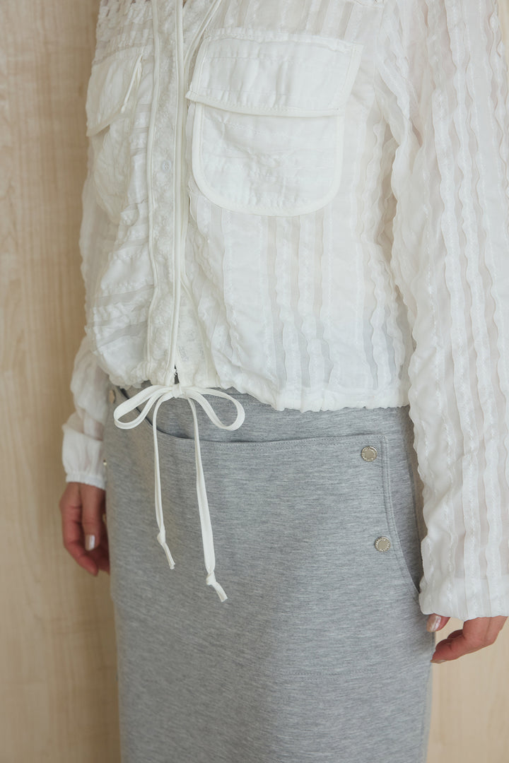 [SET]異素材切替シアーメッシュカーディガン+ドットボタン付きカットタイトスカート(2set)