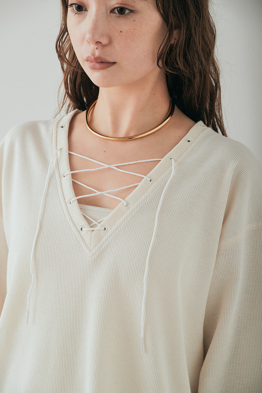 [SET]レースアップワッフルボーダートップス+ウエストクロスデニムタイトスカート(2set)