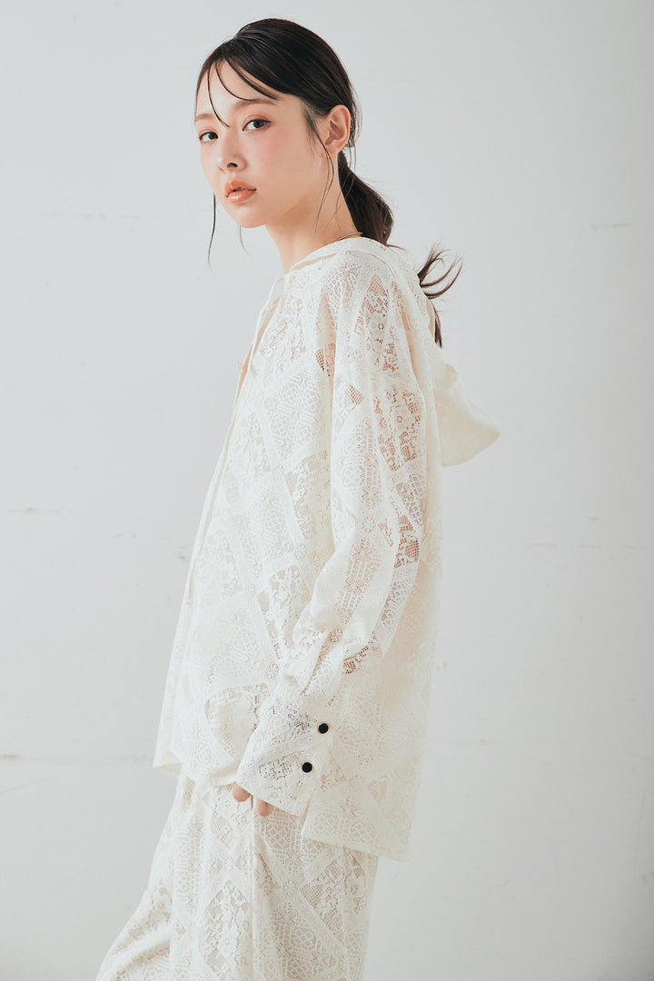 [SET]ブロックレースフード付きブラウス+ベルト付きサイドタックワイドパンツ(2set)