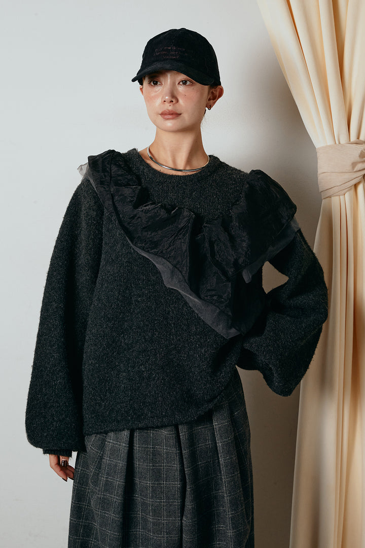 アシンメトリーフリルニットトップス