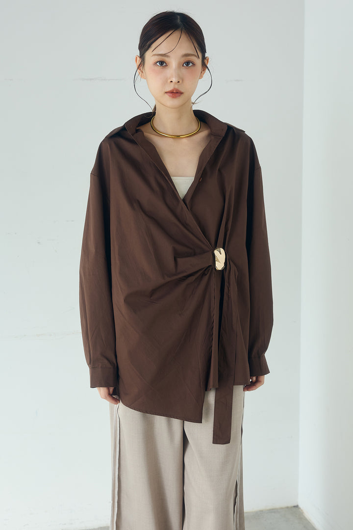 [SET]サイド留め具デザインシャツ+ストライプ柄トラックイージーパンツ(2set)