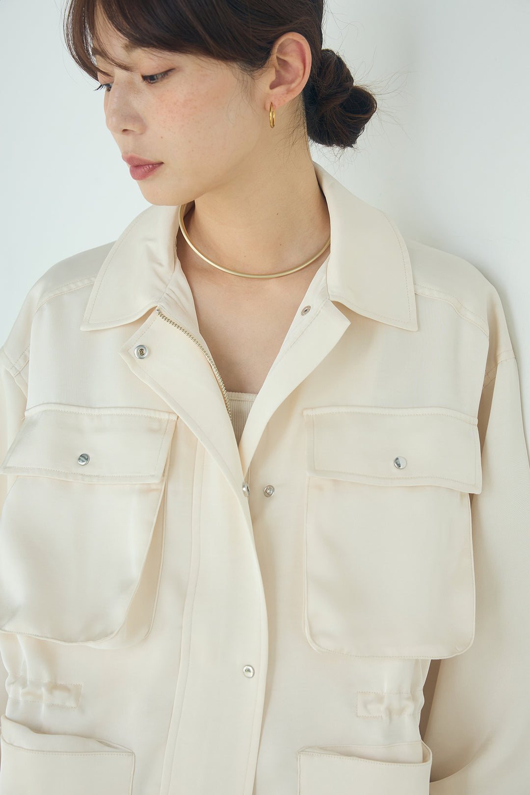 [SET]サテンライトブルゾン+ラップ巻きピンストライプワイドスカート(2set)