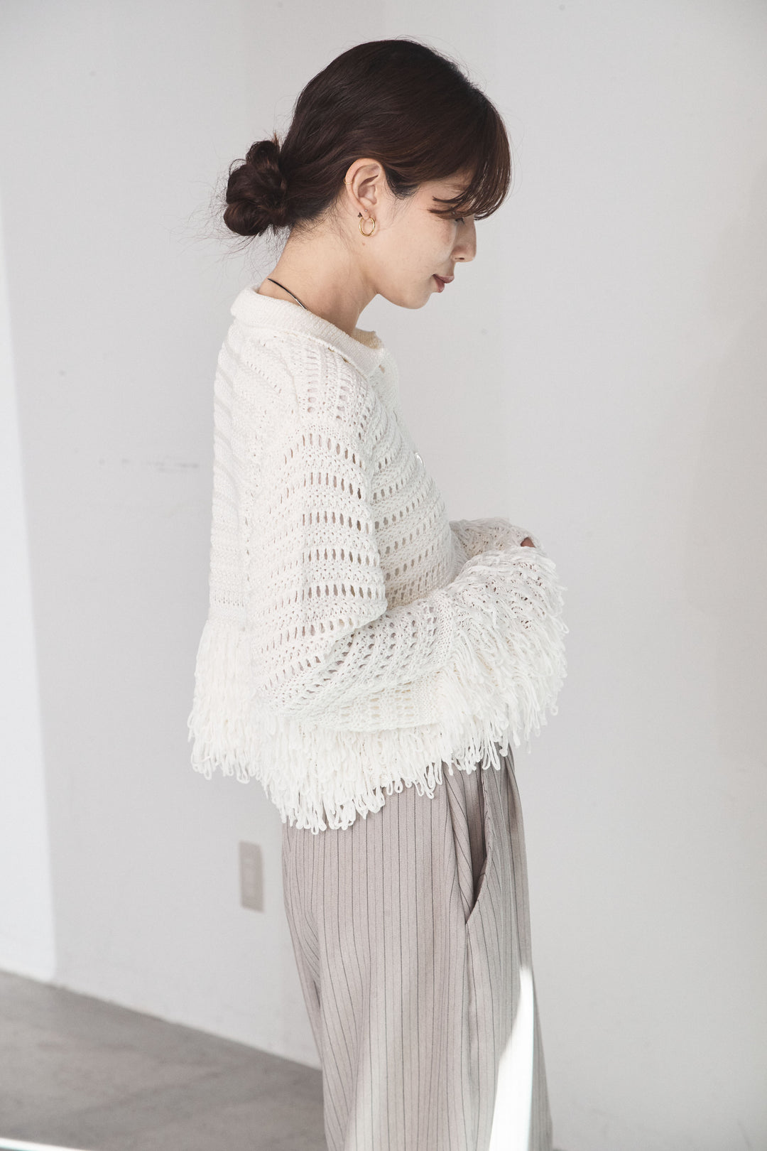 [SET]メッシュフリンジカーディガン+ヘリンボーンストライプツータックパンツ(2set)