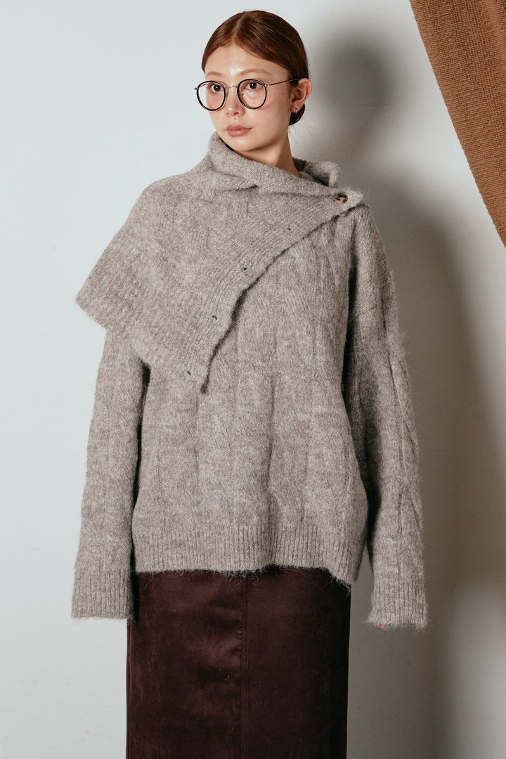 [SET]ケープデザインケーブルニットトップス+ベルト付きフロントタックデザインパンツ(2set)