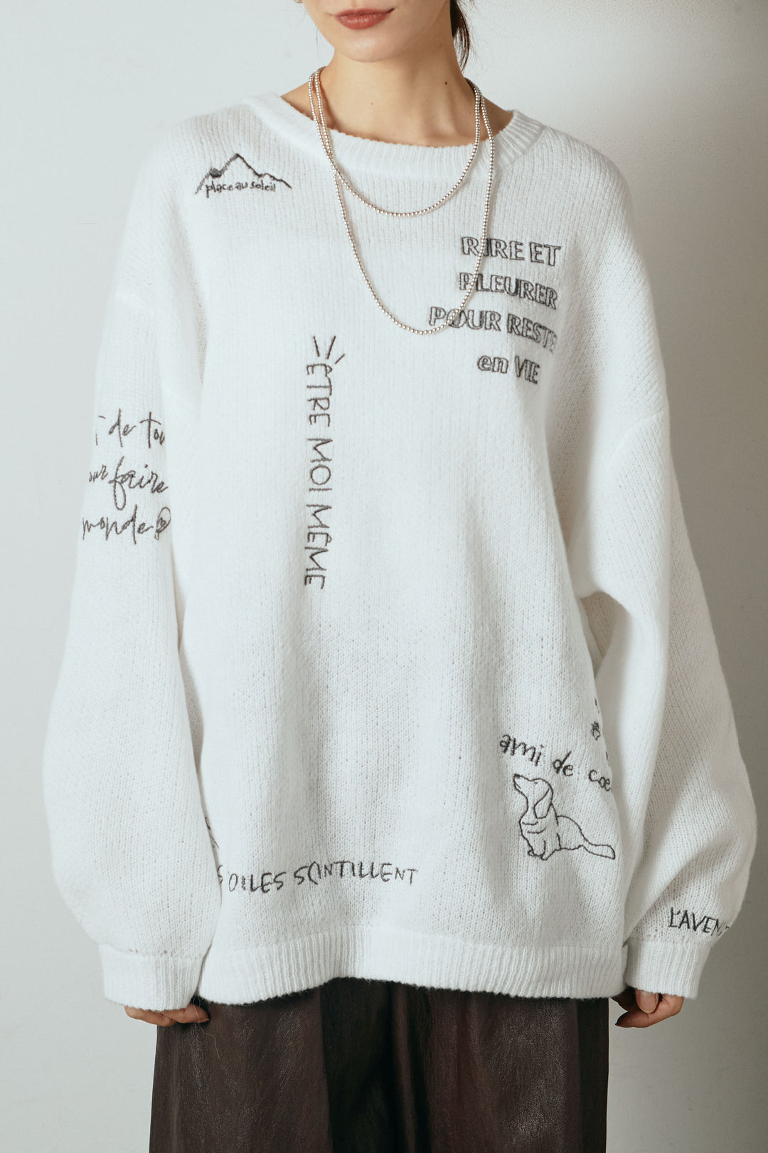 [SET]刺繍ロゴランダムデザインニットトップス+裏起毛スウェットワイドパンツ(2set)