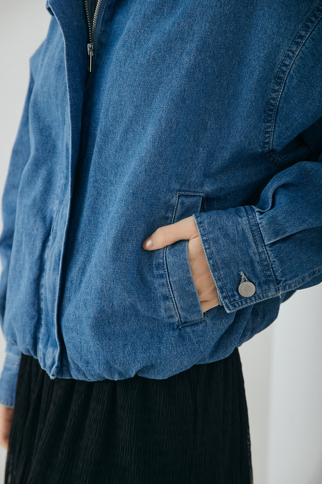 [SET]スタンドカラーデニムブルゾンジャケット+レースチェックワイドイージーパンツ(2set)