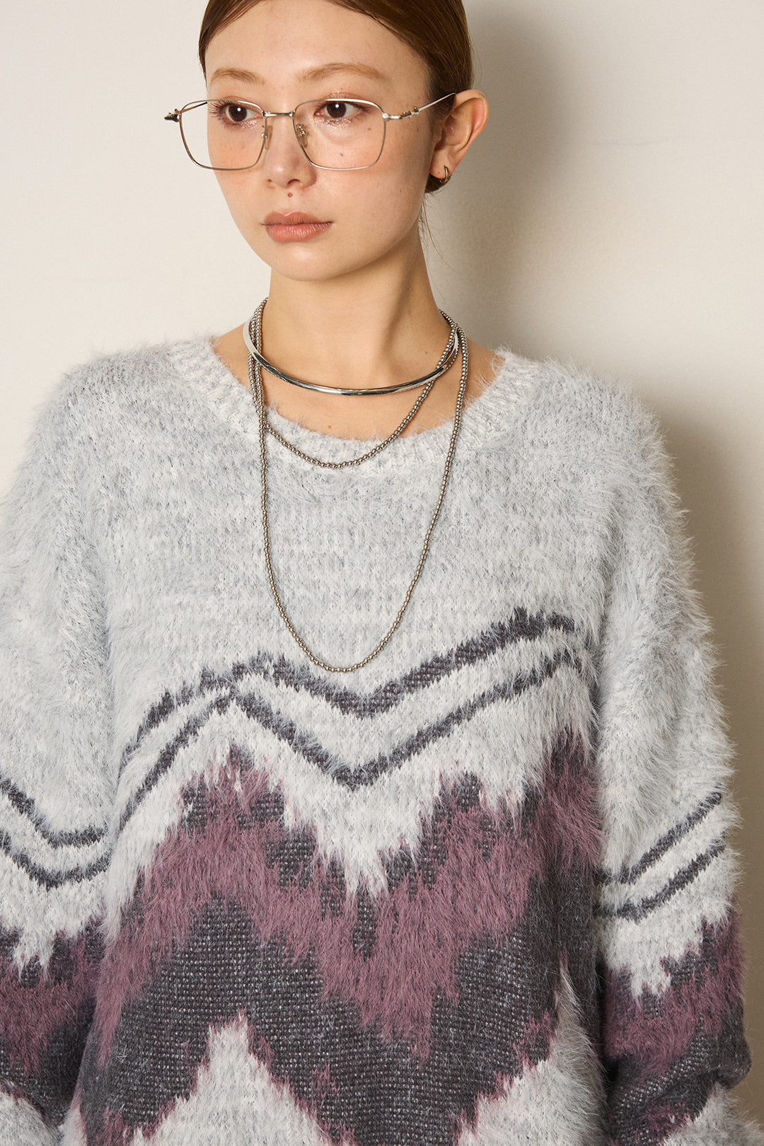 【即納】シャギーニュアンスライン柄ニットトップス