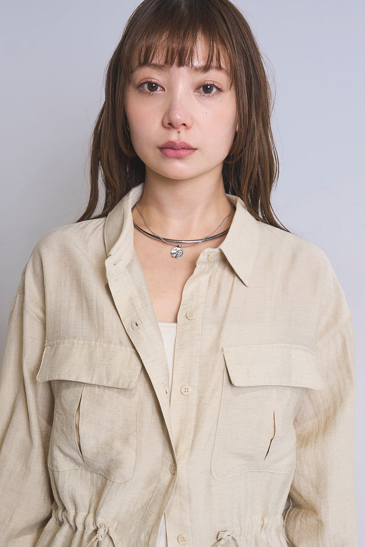 [SET]リネンブレンドシアーサファリシャツ+アートペイント柄スカート(2set)