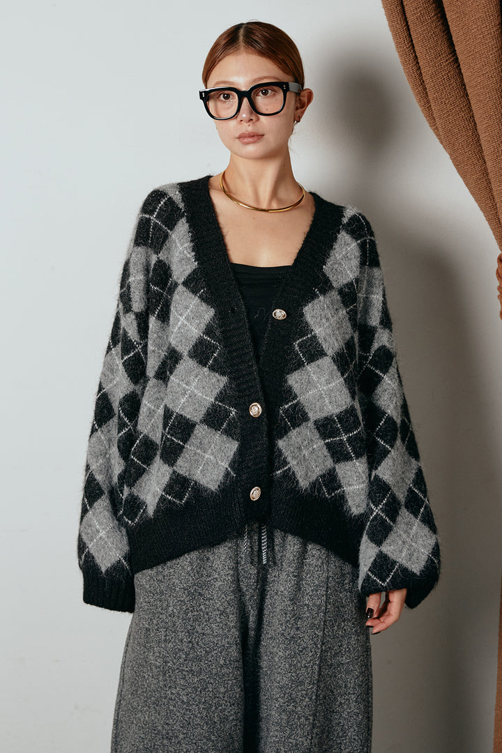 [SET]オーバーサイズ総柄Vネックニットカーディガン+杢ニットフレアパンツ(2set)