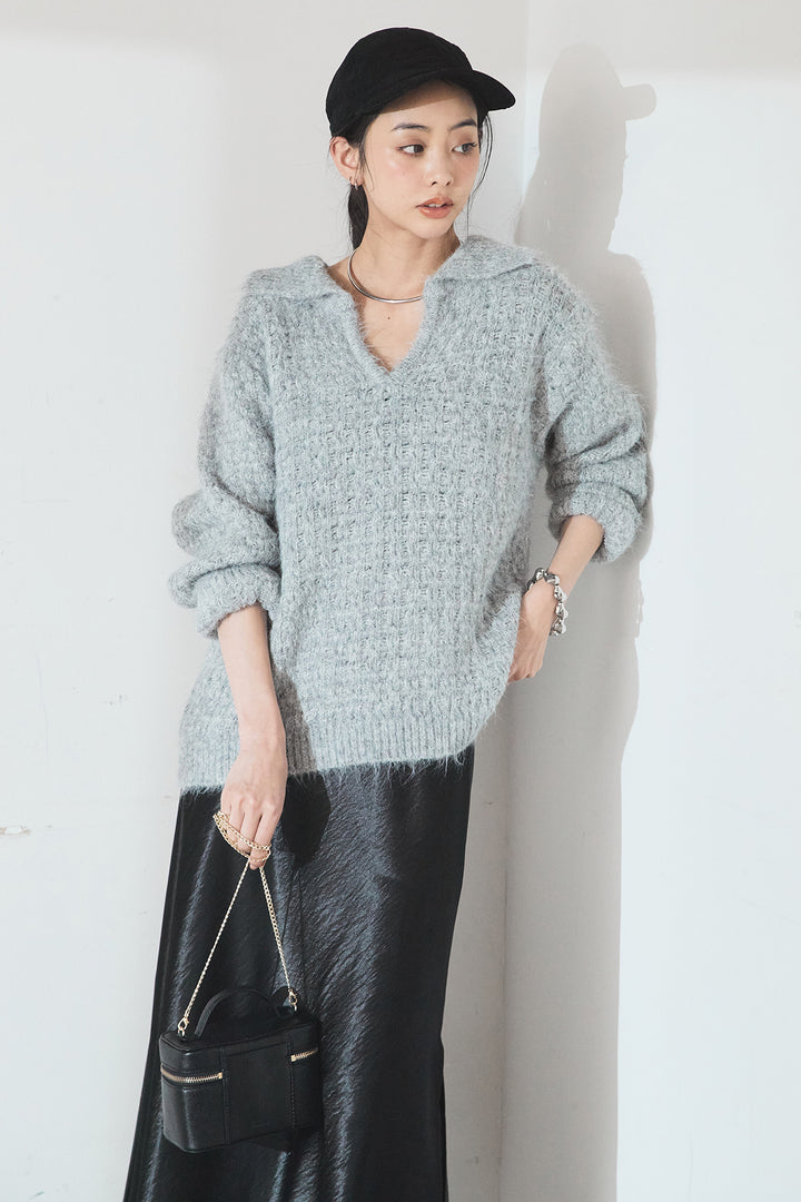 [SET]襟付きVネックニットトップス+裾レースデザインサテンスカート(2set)